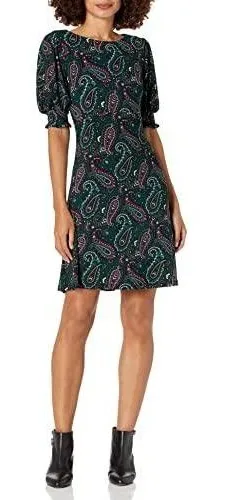 Tommy Hilfiger Womens Paisley Puff Sleeve Fit and Flare Dress Teal Pink Size 10 thumbnail 1