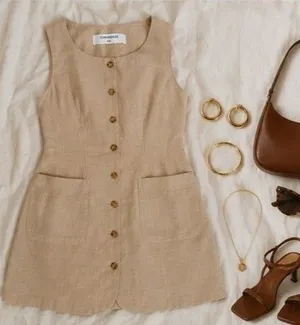 Sleeveless Button-Front Linen Blend Mini Dress in Beige thumbnail 1