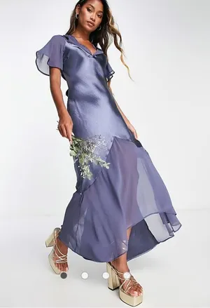 Topshop Satin Mixed Fabric Hi Low Maxi Dress Navy Size 6 thumbnail 1