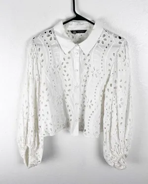 ZARA 100% Cotton White Eyelet Button Long Puff Sleeves Crop Top XL Boho Neutral thumbnail 1