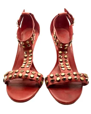 Pour La Victoire Red Leather With Gold Metal Studs T Strap Heels (8.5) thumbnail 1