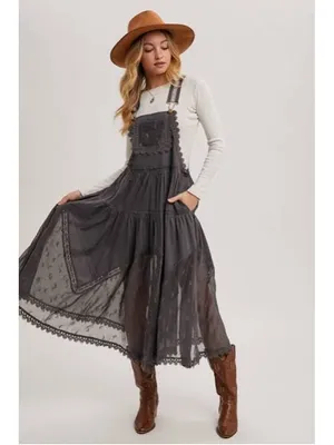 Lace Embroidered Tulle Bib Maxi Bohemian Apron Dress Size XL thumbnail 3