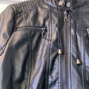 Faux Leather Double Zip Biker Jacket Black thumbnail 7