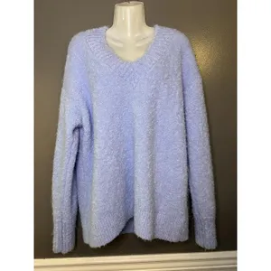 Aerie Sweater Womens Medium Blue Fuzzy Chunky Knit V Neck Pullover Cozy Soft thumbnail 2