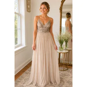 Altar'd State CYNDER Sequin Tulle Maxi Dress Women XS Champagne Formal Prom Gown thumbnail 2