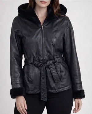 PELLE Black Genuine Leather Hooded Belted Faux Fur Lined Full Zip Jacket‎ Size L thumbnail 1