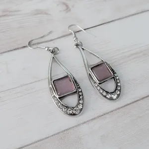Long Silver Tone, Pink, Clear Gem Dangle Earrings thumbnail 2