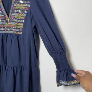 Pomander Place Womens‎ 100% Cotton Kenzo Dress M Navy Embroidered Sequin Tiered thumbnail 7