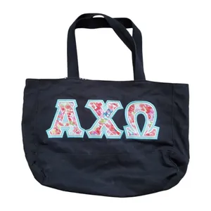 Alpha Chai Omega Tote Bag Black Embroidered Floral Logo Initials Pockets 16"x10" thumbnail 7