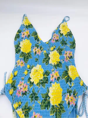 Aerie Smocked Plunge One Piece Swimsuit Size Small Blue Yellow Floral Beachy thumbnail 6