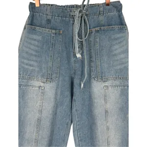 NWT Unbranded Womens Light Wash Barrel Leg Jeans Elastic Waist‎ Blue Size Large thumbnail 5