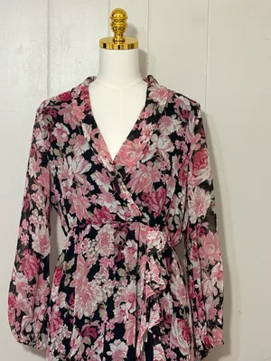 Bardot Floral Wrap Maxi Dress Ruffle Side Slit Black Pink Size M thumbnail 2