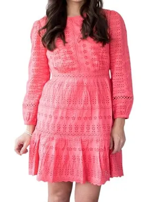 J Crew Coral‎ Eyelet Dress Long Sleeve Tiered Ruffle Mini Size 0 Preppy thumbnail 1