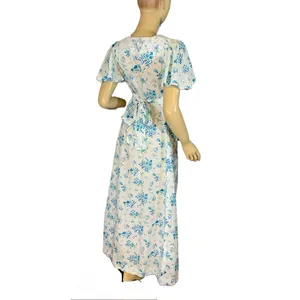 Vintage Circa 1970'S White W/Blue Floral Print Empire Waist Maxi Dress (S) thumbnail 4