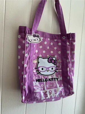 Rare Vintage Sanrio 2010 Hello Kitty Cotton purple nerd Large Tote Handbag Bag thumbnail 7