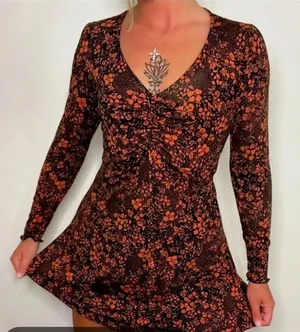 Altar'd State XS Black Orange Deep V Neck Long Sleeve Mini Dress Indie Skater thumbnail 1