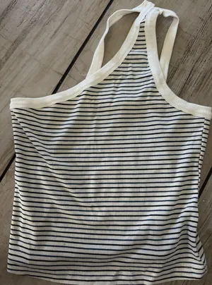 Rewind Black and White Striped Ribbed Halter Tank thumbnail 1