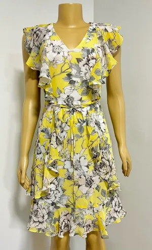 Tommy Hilfiger Womens Yellow Floral Tiered Ruffle Chiffon Mini Dress Size 2 thumbnail 1