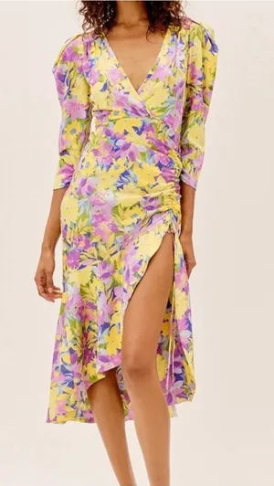 For Love and Lemons Cassia Dress Size 1X NWT Yellow Floral Ruched Midi Cocktail thumbnail 1