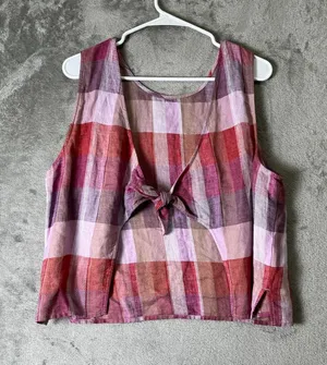Madewell Plaid Tie-Back Tank in 100% Linen Natural Fiber Tank Top Blouse Size 12 thumbnail 1