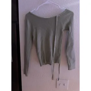 Sage Green Ribbed Knit Asymmetrical Tie Neck Long Sleeve Top‎ Sweater thumbnail 4