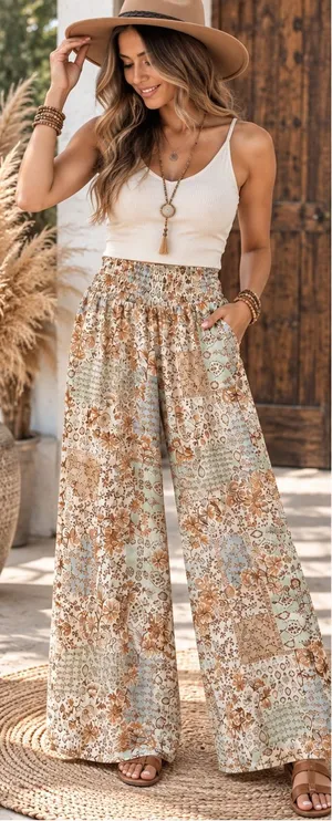 Pink Rose Beige Floral Patchwork Wide-Leg Pants thumbnail 1