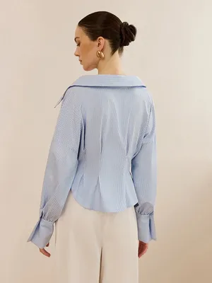 Commense Blue and White Striped Collared Shirt with Waist-Cinching Design Small NWT thumbnail 2