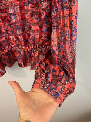 Free People Pink/Blue Metallic Smocked Floral Dolman Sleeve Peplum Top Large thumbnail 6