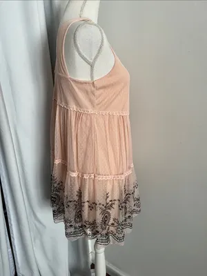 Ultra Pink Blush Stretch Sleeveless Tiered Mini Dress with Black Embroidered Hem thumbnail 5