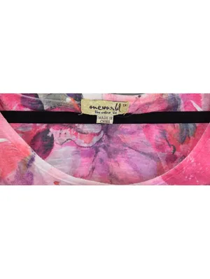 OneWorld Live and Let Live Women's 1X Pink Watercolor Floral Lace Sleeve Top thumbnail 3