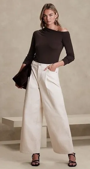Banana Republic Soft‎ Luxe Off Shoulder Asymmetrical Tee Brown Long Sleeve Small thumbnail 1