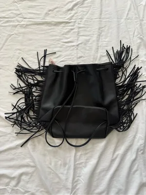 Victoria's Secret Black Fringe Backpack Boho Festival Faux‎ Leather Purse NWT thumbnail 2