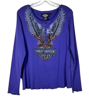 Harley-Davidson Y2K Henley Purple Eagle Graphic Fitted Long Sleeve Top Large L thumbnail 1