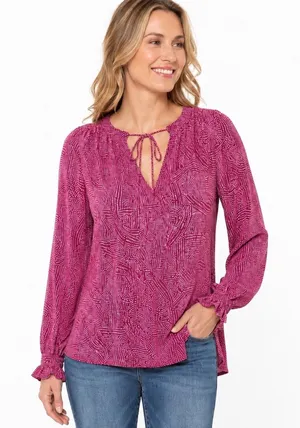 Knox Rose XL Pink Abstract Print Boho Tie V-Neck Blouse Long Sleeve Peasant Top thumbnail 1