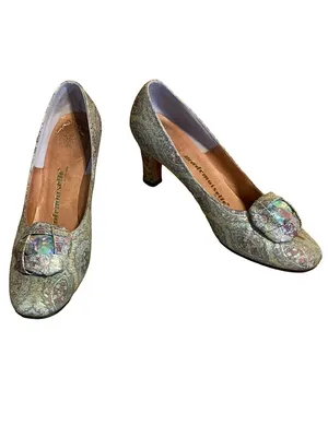 Vintage 1960'S Mademoiselle Light Blue & Gold Brocade Paisley Heels (7.5n) thumbnail 2
