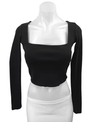 Zara Women's Black Long Sleeve Ribbed Knit Square Neck Sweater Crop Top Size S thumbnail 1