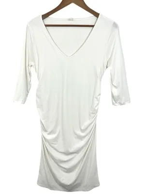Pink Blush White Maternity Dress Ruched V Neck 3/4 Sleeve Mini Dress Baby Shower thumbnail 1