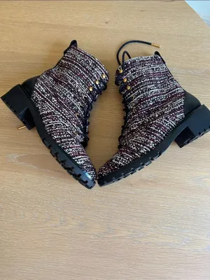 Tory Burch Miller Combat Tweed & Leather Lace Up Booties Burgundy/White 7.5 NWOT thumbnail 6