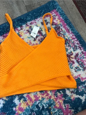 NWT aerie Orange Ribbed faux Wrap Front Cami Top thumbnail 2