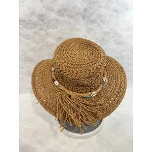 Panama Jack Women Brown Toyo Straw Sun Hat Cowrie Shell Bead‎ Tassel Vacation thumbnail 3