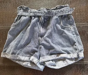 H&M Womens Cuffed Blue Jean Shorts Paperbag High Rise Elastic Waist Tie Belt 14 thumbnail 2