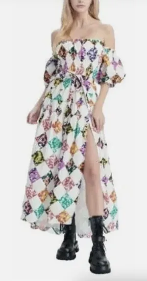 Anthropologie Smocked Puff-Sleeve Maxi Dress in White with Multicolor Diamond Print thumbnail 1