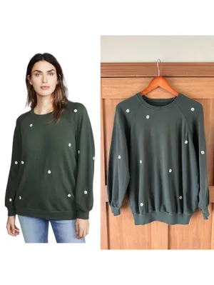 THE GREAT. The College Crewneck Sweatshirt Olive Floral Embroidered Women’s 0 XS thumbnail 2