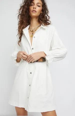 Free People We The Free Hannah Denim Mini Shirt Dress Cream Small Raw Hem Cotton thumbnail 1