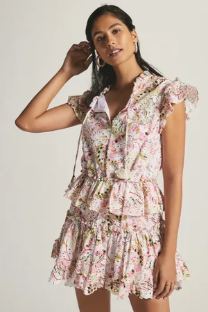 MISA Iliana Ruffled Eyelet Mini Dress Medium Pink Floral Tiered Coquette Cottage thumbnail 1