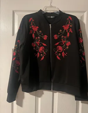 Boohoo Black Bomber Jacket with Red Floral Embroidery thumbnail 1