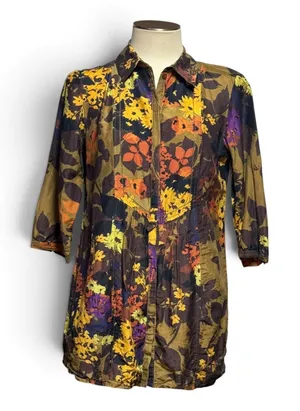 Coldwater Creek Cotton Silk 3/4 Sleeve Tunic Blouse Top Floral Green Brown Small thumbnail 1
