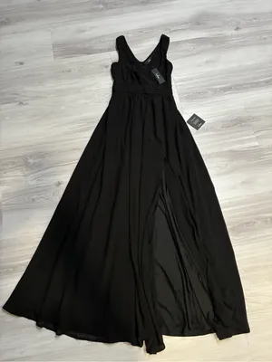 Lulu's Elegant Black V-Neck Maxi Dress with Front Slit thumbnail 3