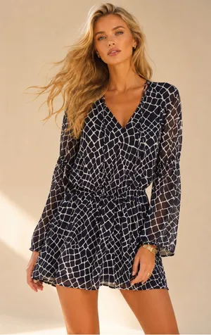 Michael Kors Geometric Mini Dress Navy‎ White Giraffe Boho Quiet Luxury Parisian thumbnail 1