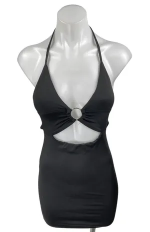 Princess Polly Black Sleeveless Cutout Halter Tie Backless Mini Bodycon Dress 4 thumbnail 1